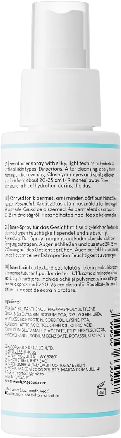 Geek & Gorgeous – Liquid Hydration – Lightweight Toner Mist with 5% Panthenol & Natural Moisturizing Factors – Hydrates & Soothes All Skin Types – 110 ml